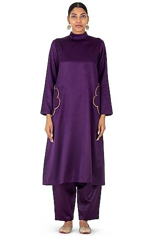 purple satin silk quilted patchwork kurta set