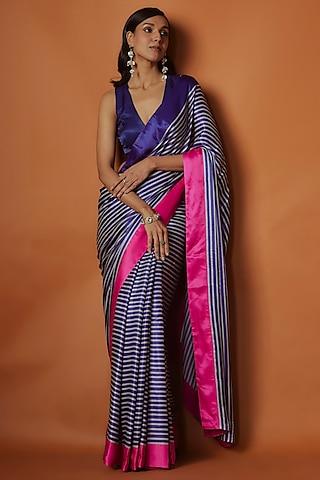 purple satin striped saree set