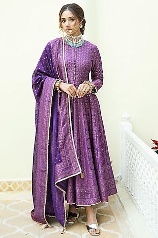 purple self woven vegan silk chikankari anarkali set