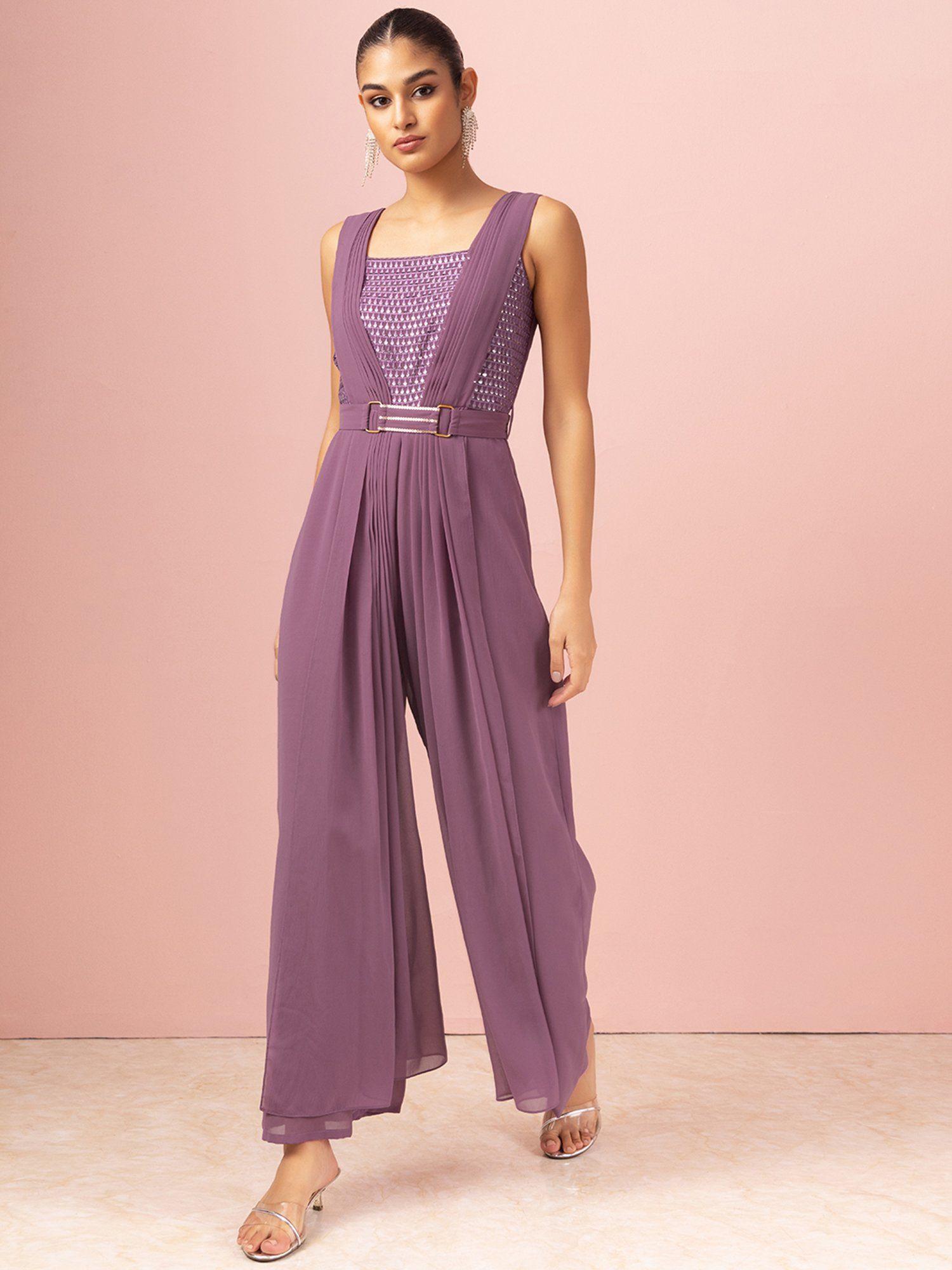 purple sequin embroidered jumpsuit with belt & attached drape (set of 2)