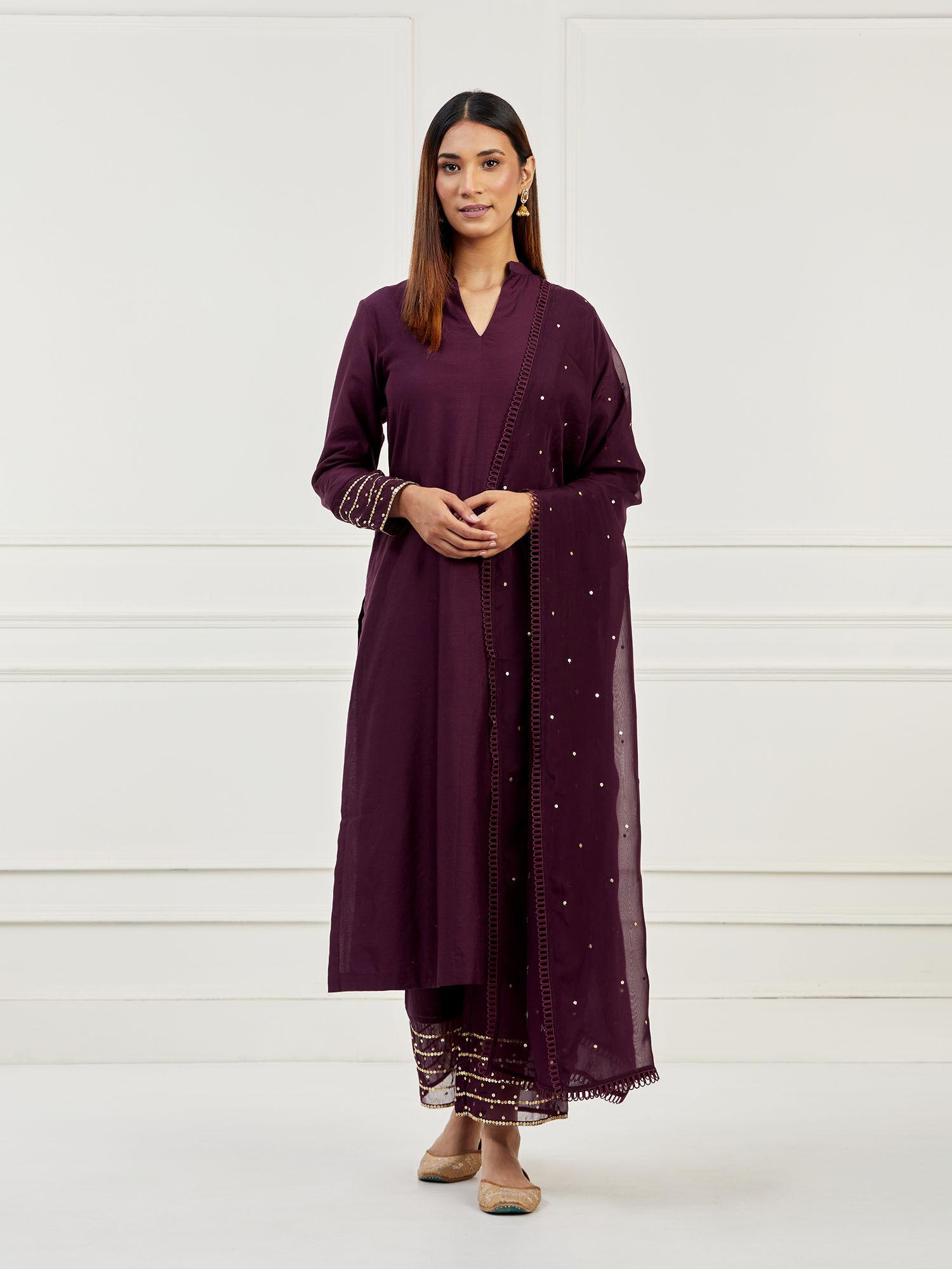 purple sequined cotton kurta with cotton pant & dupatta (set of 3)