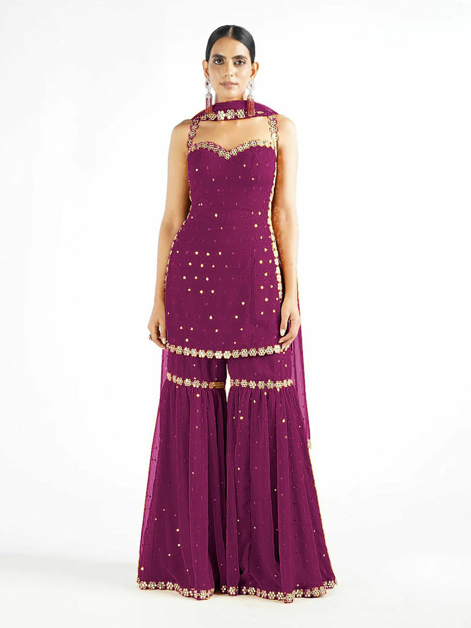 purple sequined georgette semi stitched dress material (set of 3)