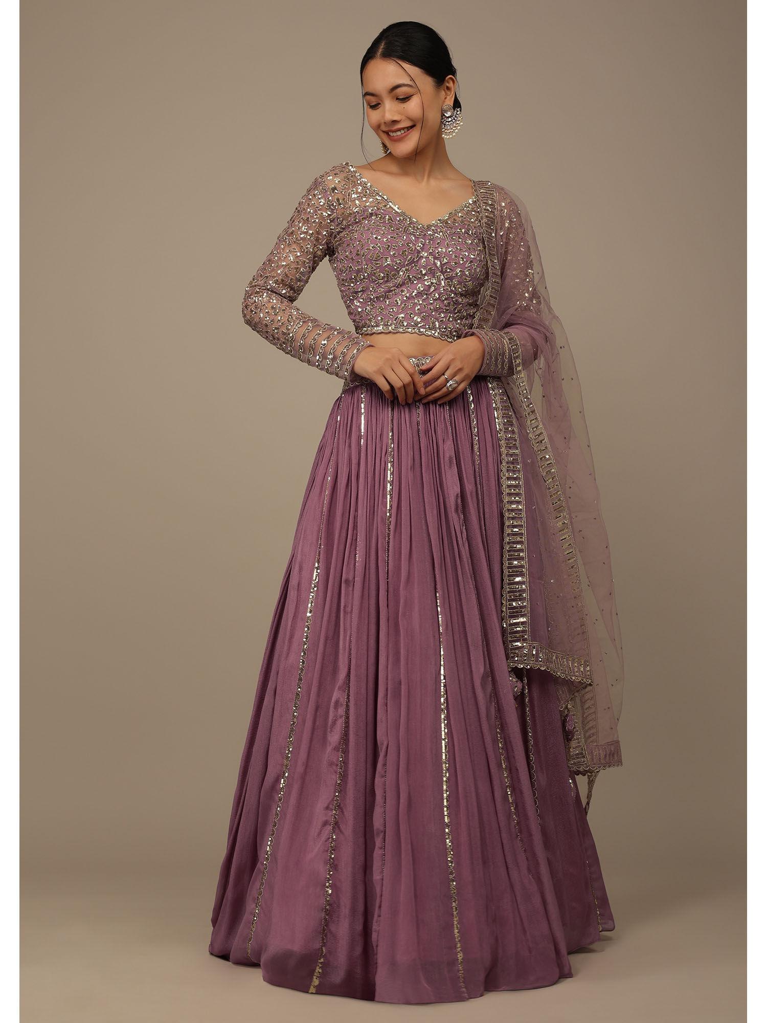 purple sequins embroidered lehenga with blouse and dupatta (set of 3)