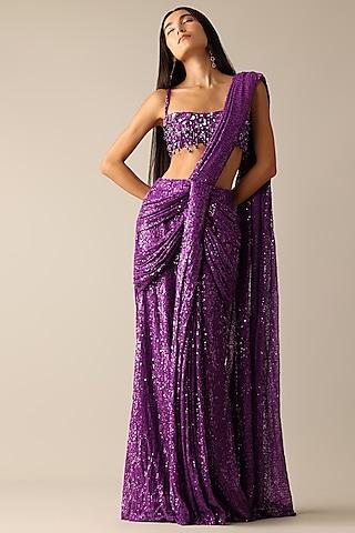 purple sequins lycra pre-pleated saree set