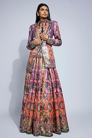 purple sequins printed jacket lehenga set