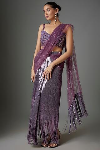 purple sequins stretch net bead embroidered pre-stitched saree set