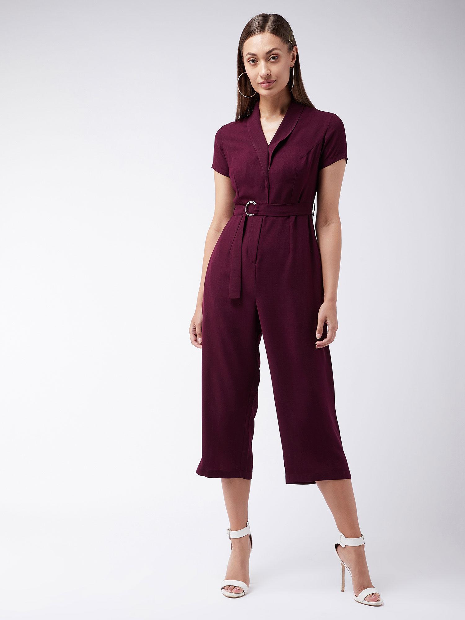 purple shawl collar half sleeve solid straight leg regular jumpsuit