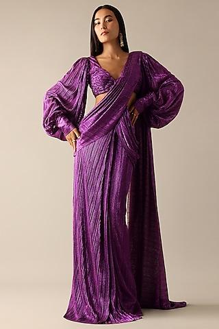 purple shimmer lycra pre-pleated saree