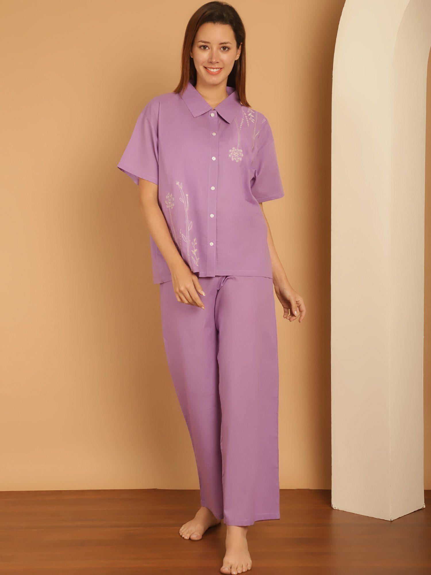 purple shirt collar pure cotton night suit (set of 2)