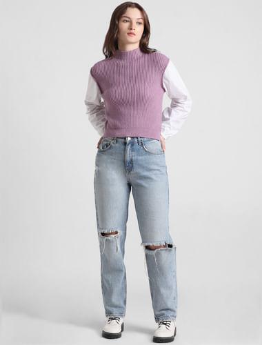 purple shirt insert ribbed pullover