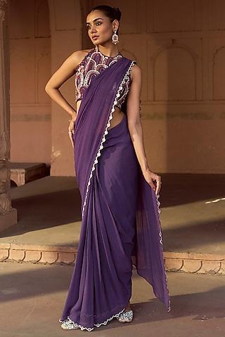 purple silk & georgette pre-draped saree set
