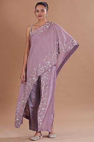 purple silk & mushroom satin hand embroidered one-shoulder cape set