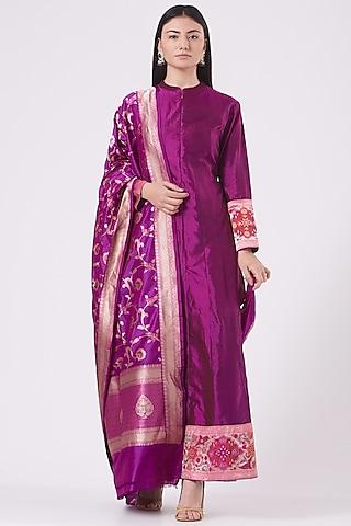 purple silk angrakha kurta set