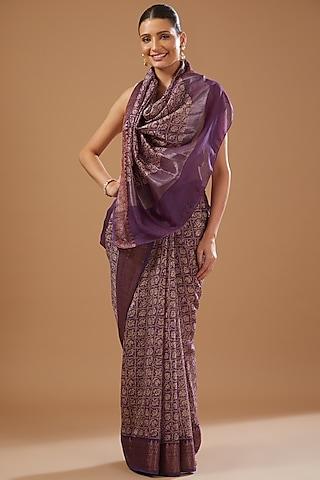 purple silk banarasi handloom digital printed saree set