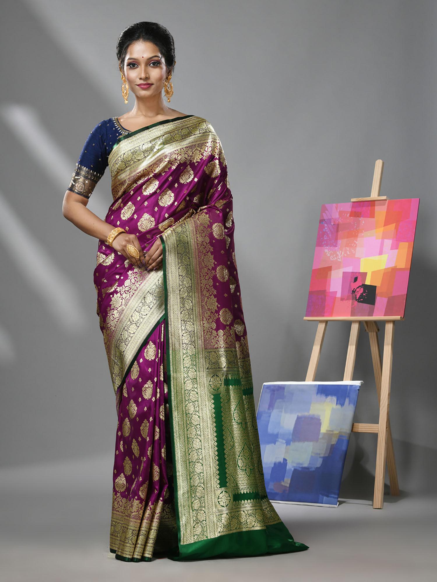 purple silk banarasi saree with woven degins & unstitched blouse