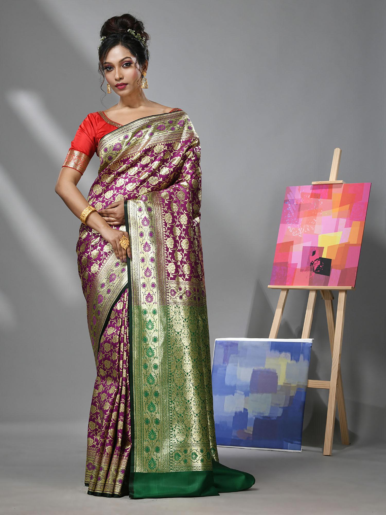 purple silk banarasi saree with zari woven designs & unstitched blouse