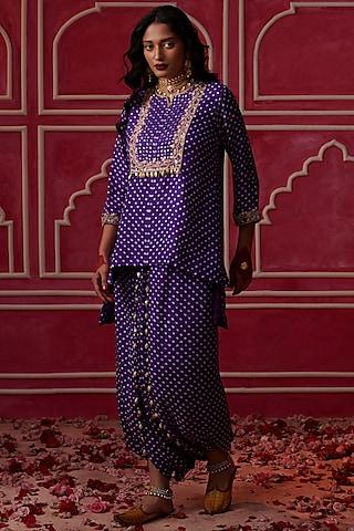 purple silk bandhani embroidered kurta set