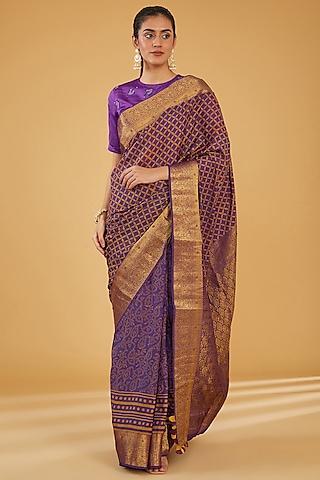 purple silk blend & viscose floral embroidered saree set