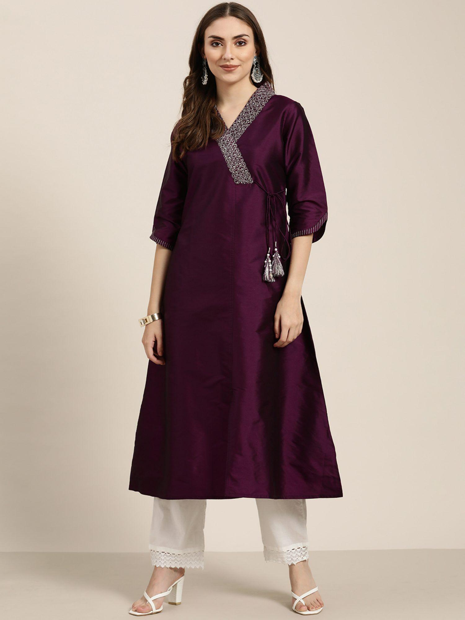 purple silk blend angrakha style a-line embroidered kurta