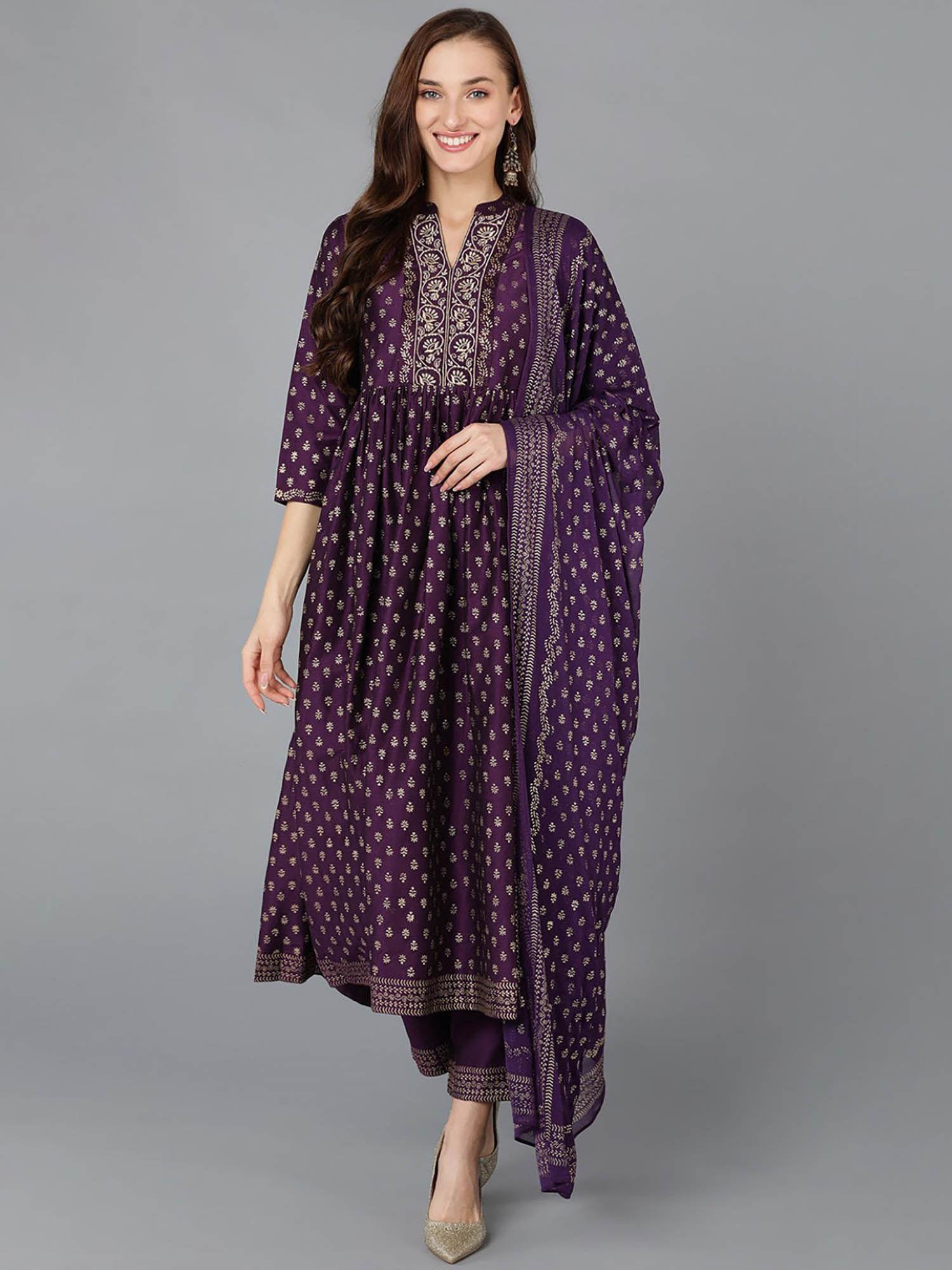 purple silk blend embroidered anarkali kurta pants with dupatta (set of 3)
