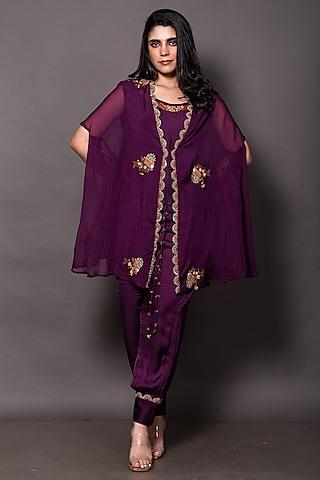 purple silk chanderi embroidered cape set