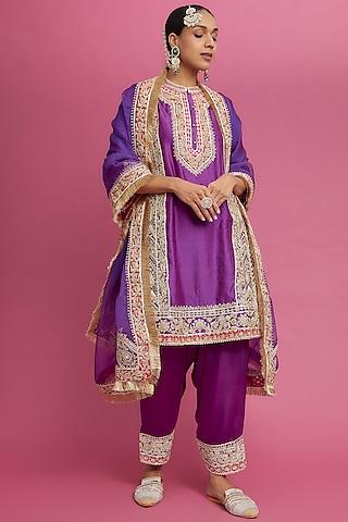purple silk chanderi embroidered kurta set