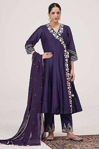 purple silk chanderi floral gota work anarkali set