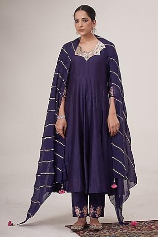 purple silk chanderi hand embroidered anarkali set