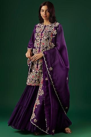 purple silk chanderi hand embroidered kurta set