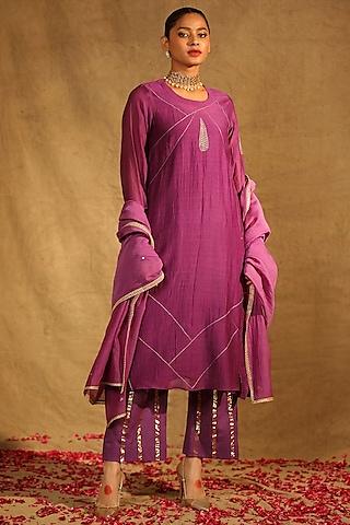 purple silk chanderi leaf hand embroidered kurta set