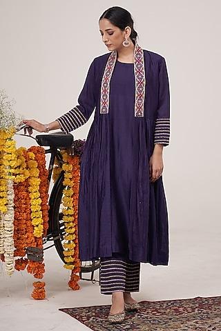 purple silk chanderi resham embroidered kurta set