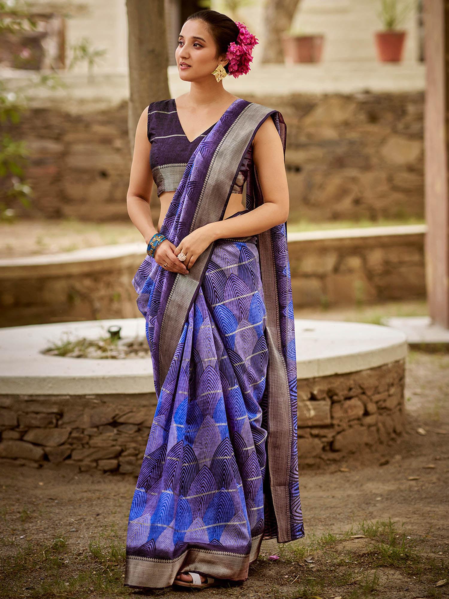 purple silk cotton batik print saree with unstitched blouse