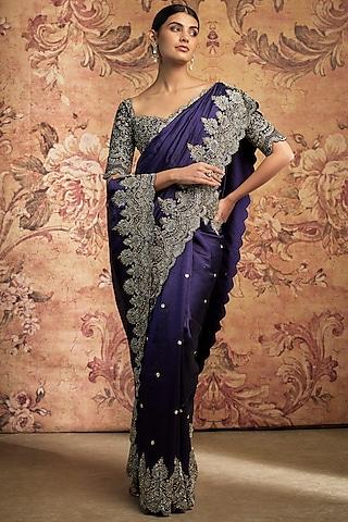 purple silk cutwork embroidered saree set