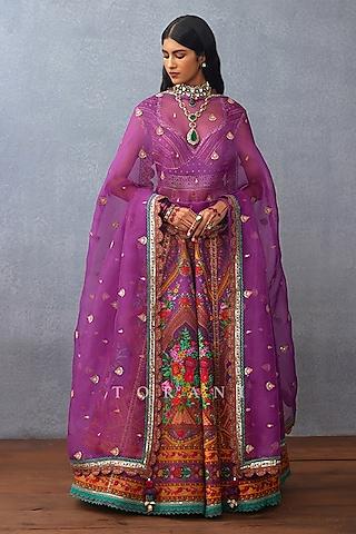 purple silk digital printed anarkali set