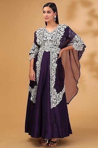 purple silk dori work anarkali set