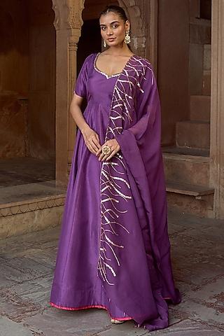 purple silk embellished kalidar anarkali set