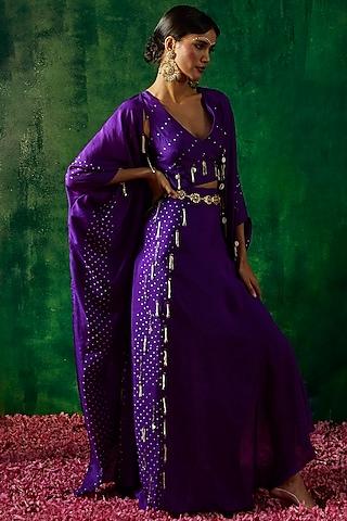 purple silk embroidered bandhani cape set
