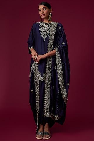 purple silk embroidered kurta set