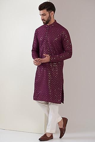 purple silk embroidered kurta set