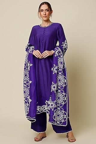 purple silk embroidered kurta set