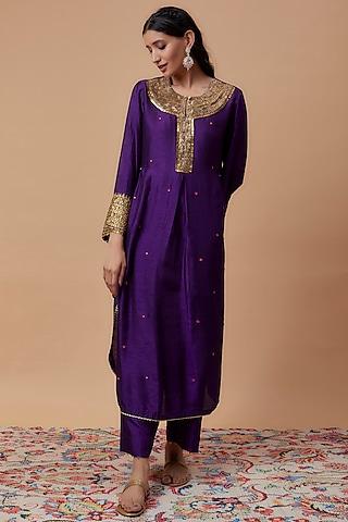 purple silk embroidered kurta set