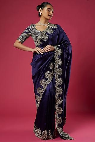 purple silk embroidered saree set