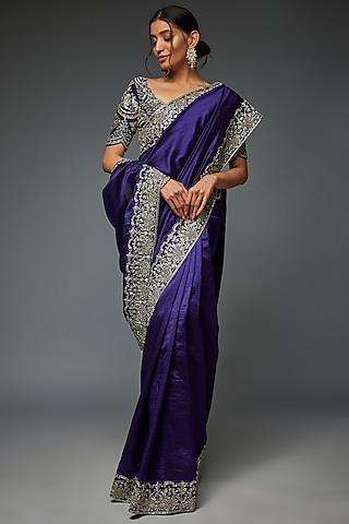 purple silk embroidered saree set