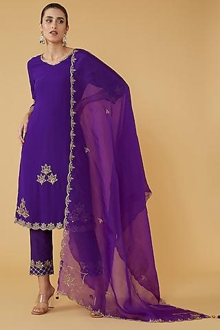 purple silk georgette embroidered kurta set