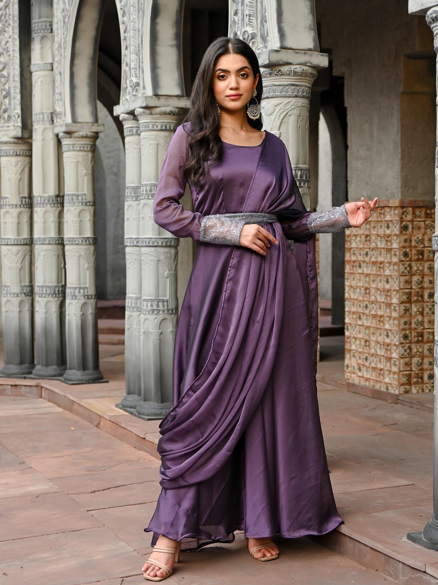 purple silk georgette fit and flare drape dress (set of 2)