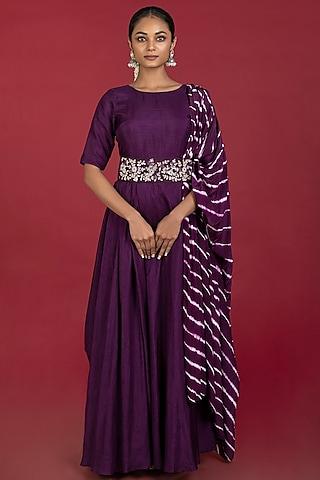 purple silk gown with belt