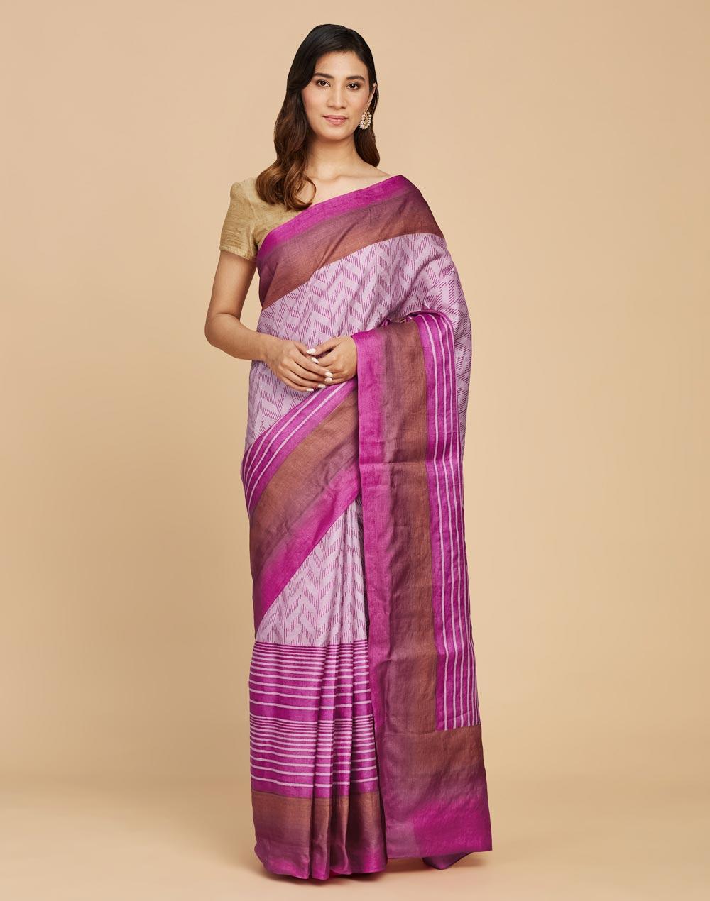 purple silk hand block printed sari