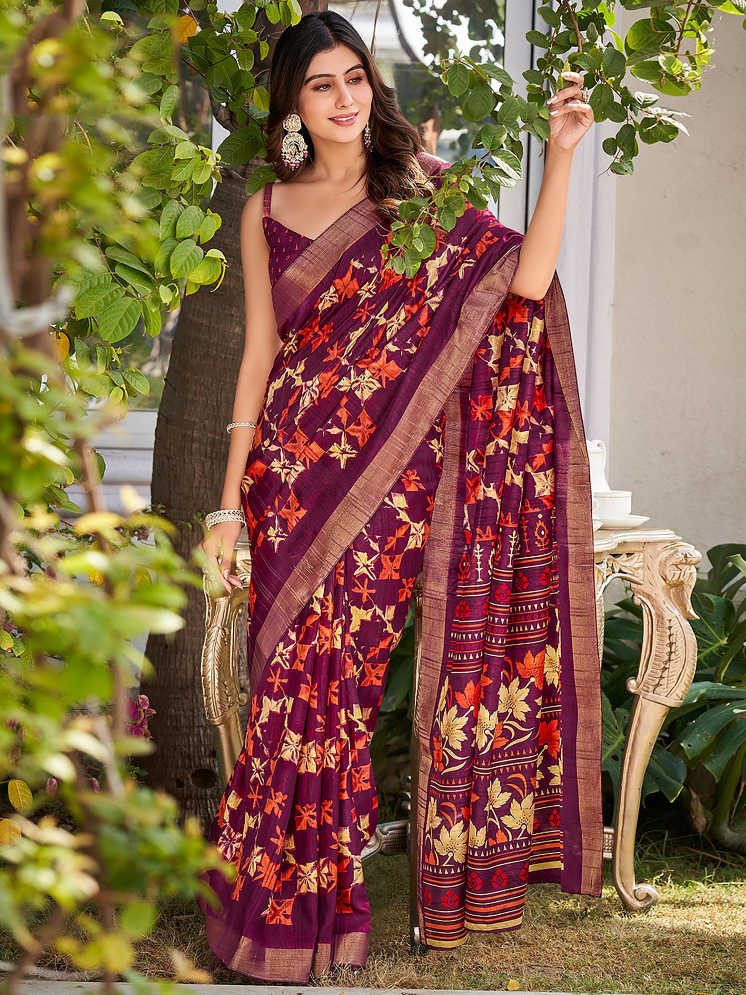 purple silk ikkat zari bordered printed saree with unstitched blouse