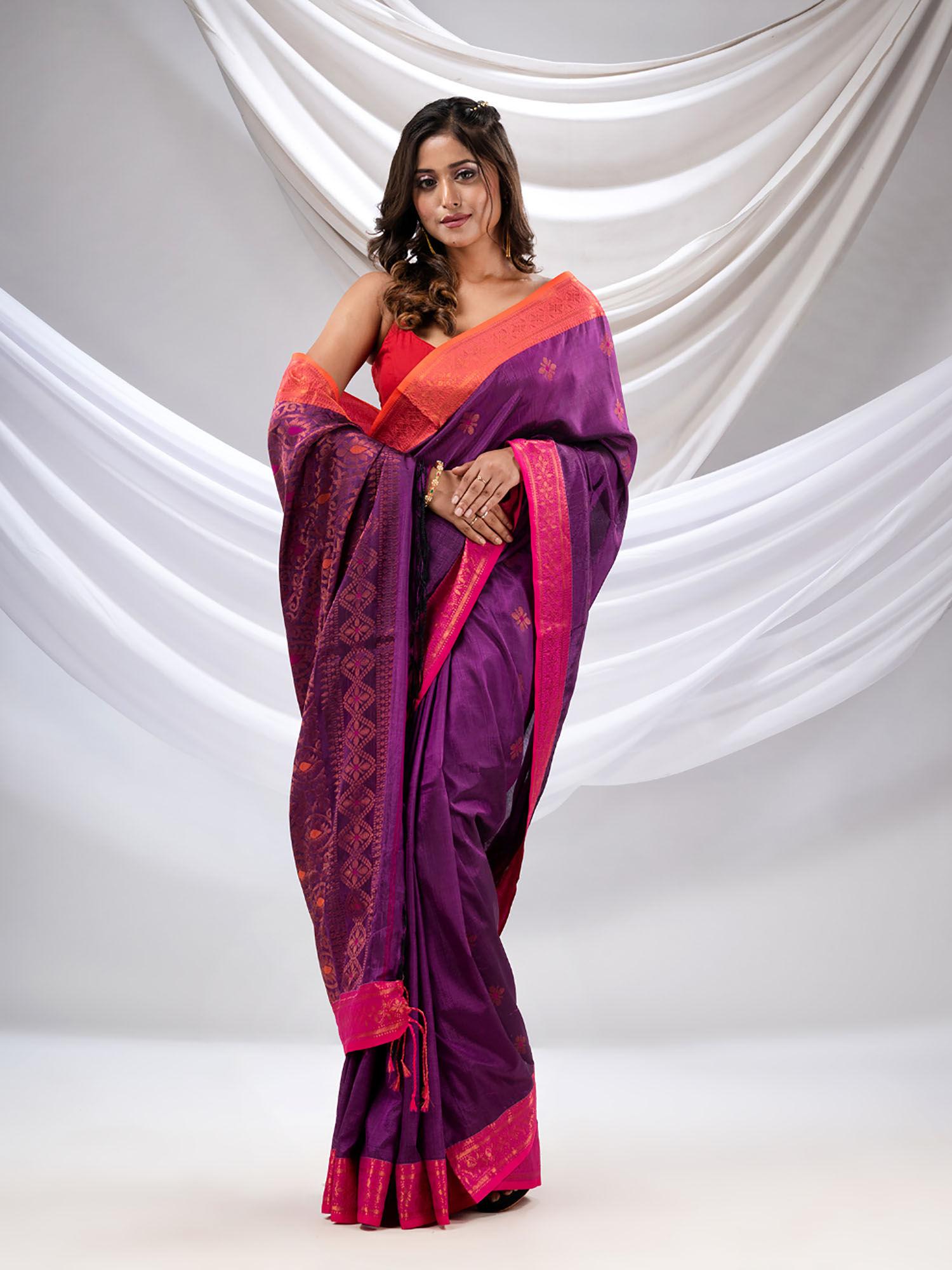 purple silk matka soft saree with woven zari borders with unstitched blouse