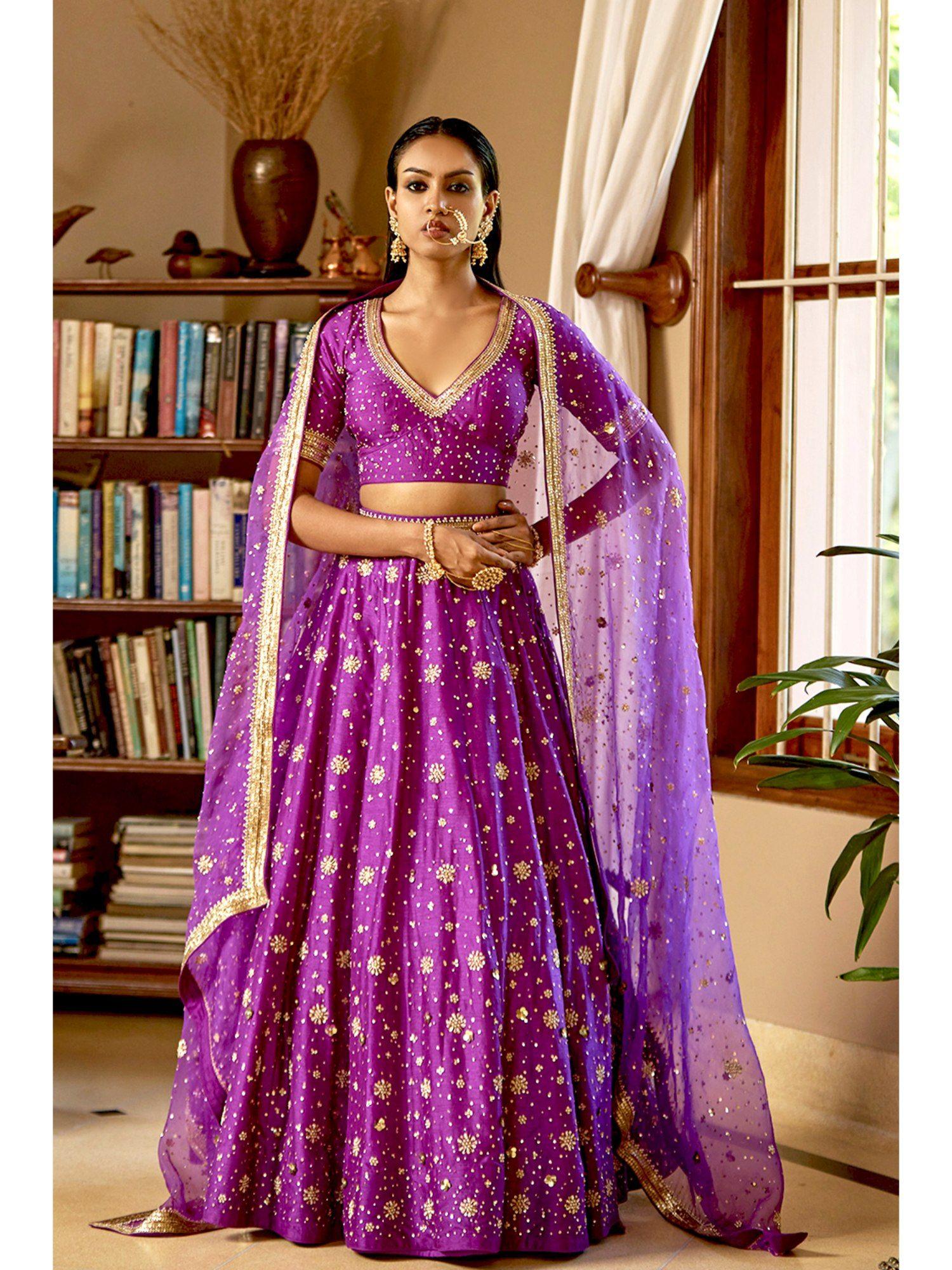 purple silk nakshi & zardosi hand embroidered lehenga with blouse & dupatta (set of 3)